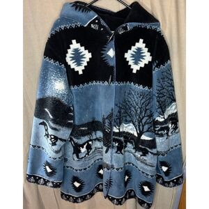 Vintage Fleece Hoodie Jacket Western Horse Scene Blue XL